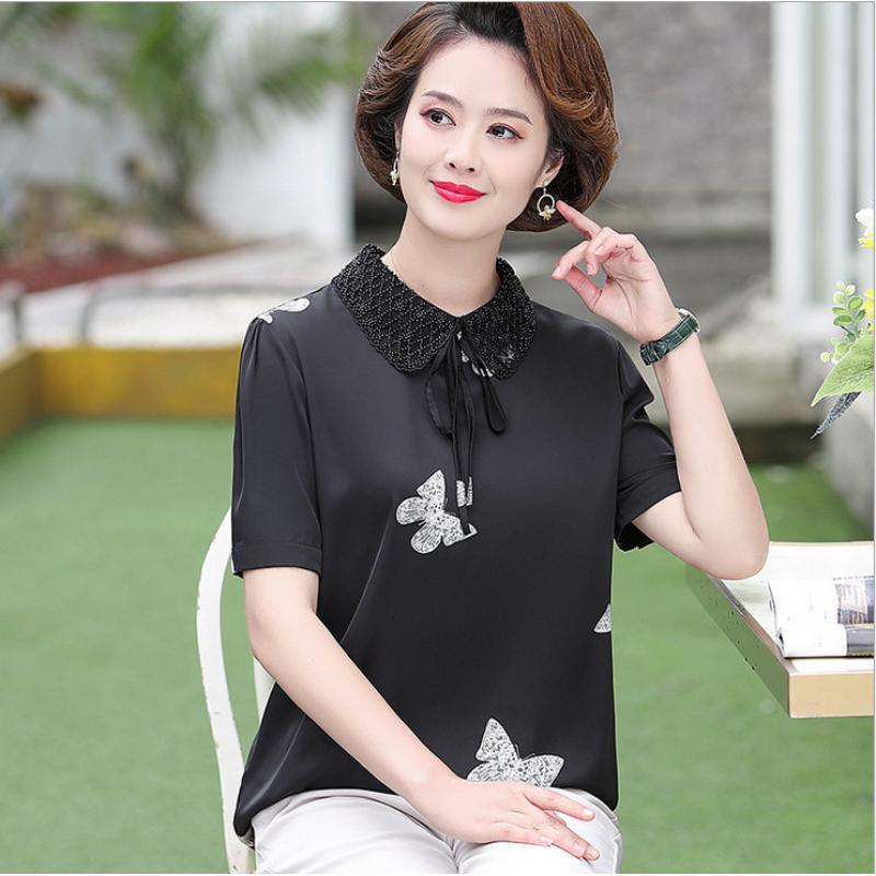 

Women's Blouses & Shirts Women Summer Silk Shirt Print Short Sleeve Lapel Beaded Black Plus Size Fashion Camisa Middle-Aged Mother Pullover, White