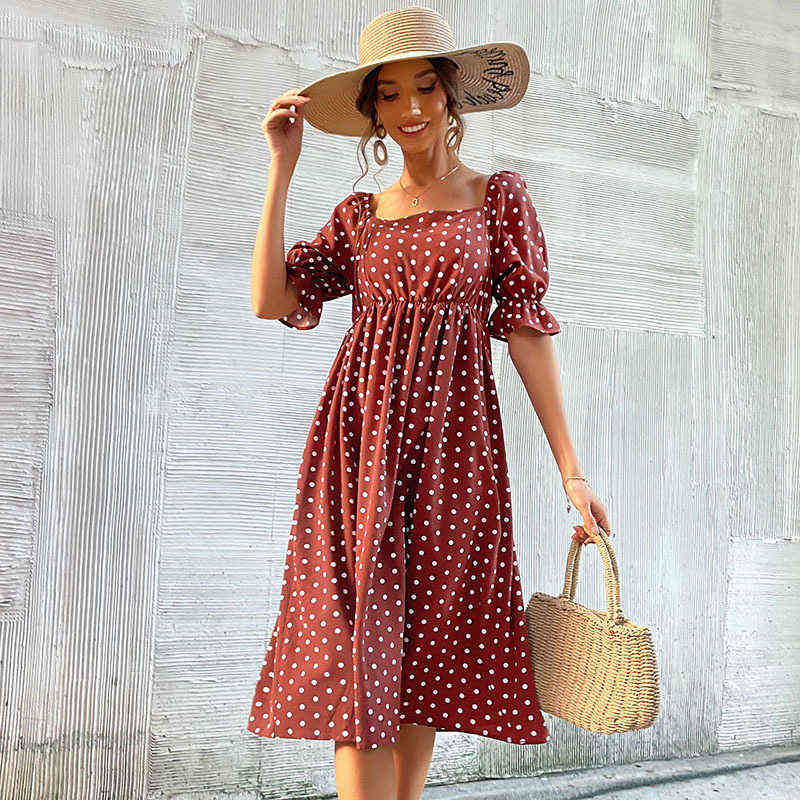 

[JENNER] Women's Summer New Fashion Retro Puff Sleeve Women's Ruffled Polka Dot Square Neck Dress Breathable G220418, Picture color