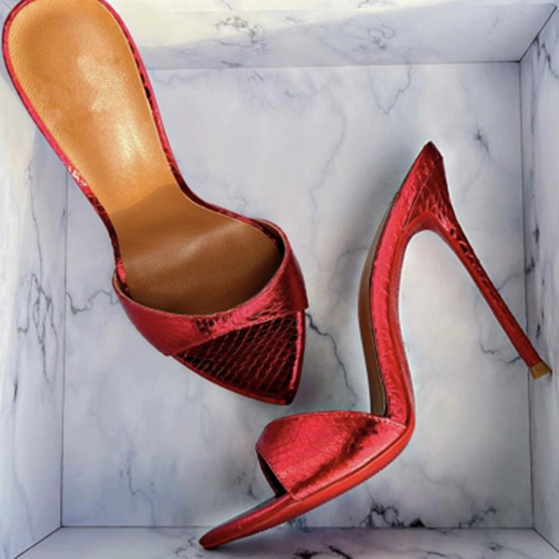 

summer gladiator fashion designer sandals pointed toes red snake pattern stiletto heel slip on chic sandal high heels women party shoes plus size