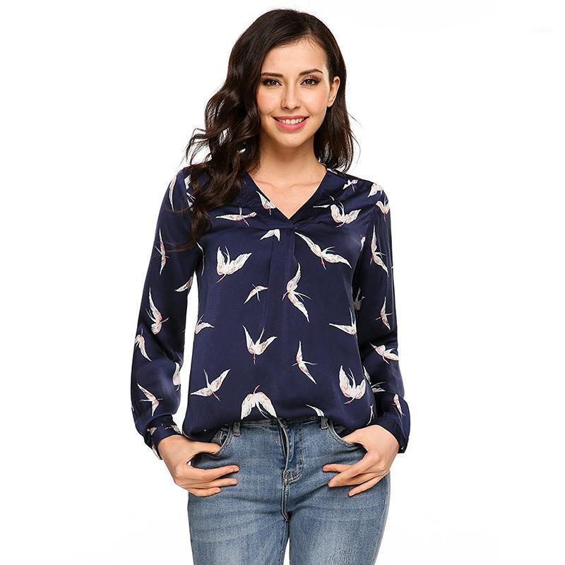 

Women' Blouses & Shirts 2022 Spring Summer Shirt V-Neck Long Sleeves Flamingo Print Stripy Silk Like Top Office Lady Style Blouse, Black