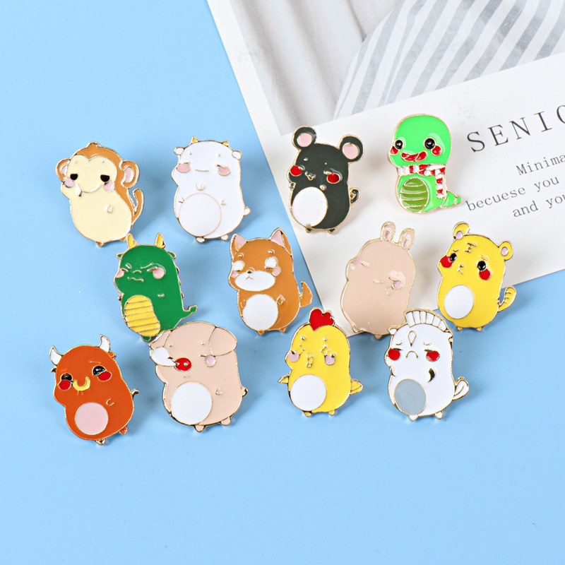 

12 Symbolic Animals Collection Lepal Pins Chinese Zodiac Mouse Tiger Pig Sheep Dog Rabbit Monkey Brooches Bag Cartoon Badge Pins, Mixed colors