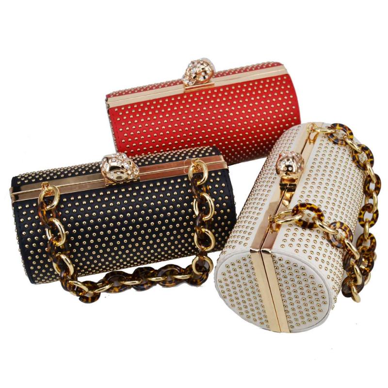 

Evening Bags Black Cylinder Luxury Shoulder Rivet Box Women Messenger For Female Crossbody Chain Handbags WristletsEvening