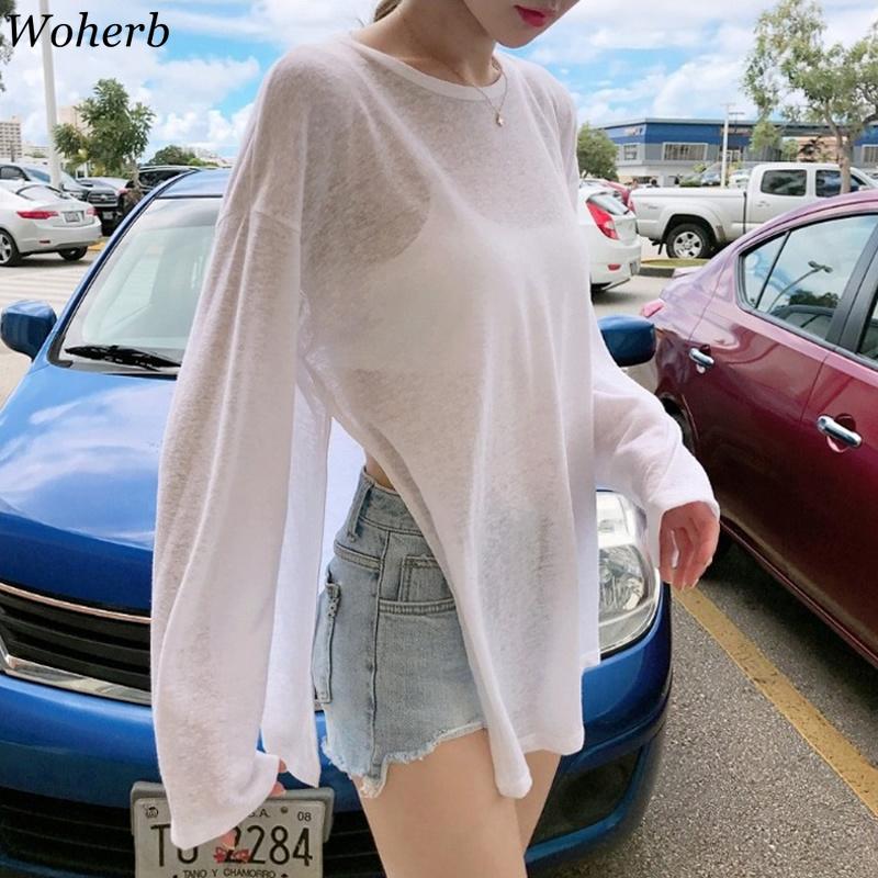 

Women's T-Shirt Woherb Summer Tshirt Women Beach Thin See Through Oversize Tees Korean Chic White Top High Street Casual Long Sleeve Shirts, Milky