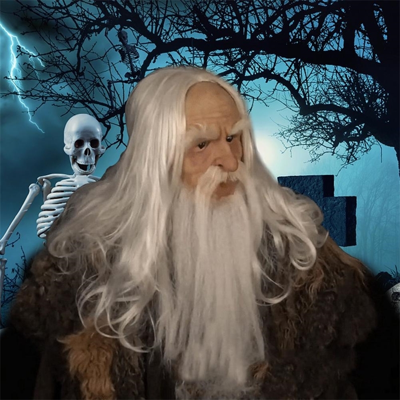 

Halloween Headgear Realistic Old Man Head Masks Latex Long Hair Wizard Performance Prop For Halloween Costume Cosplay Party 220711