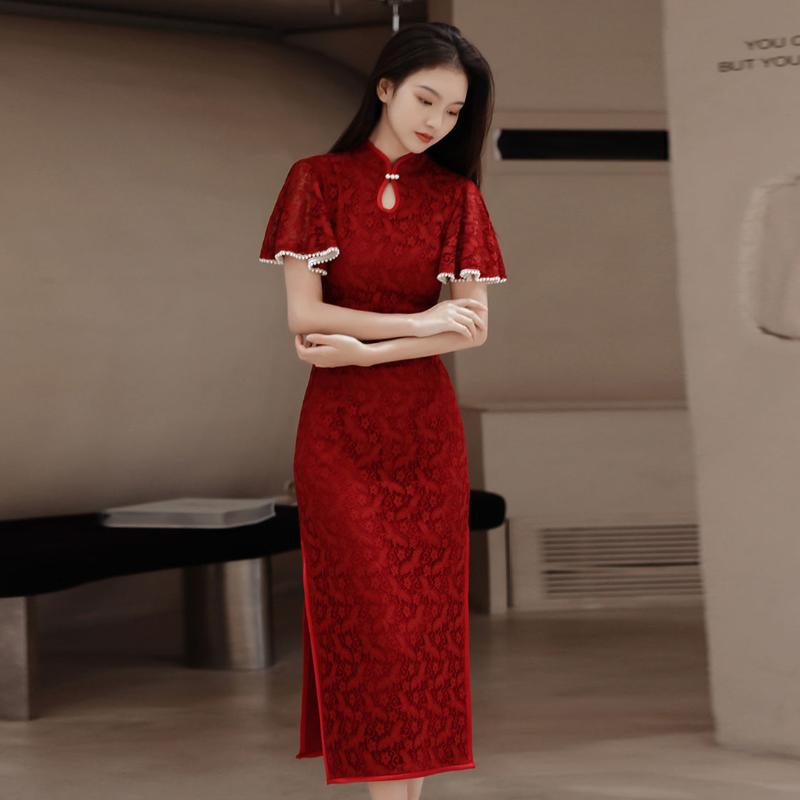 

Ethnic Clothing Cheongsam Elegant Women Summer High-end Noble National Style Embroidery Wine Red Color Improved Qipao Retro DressEthnic