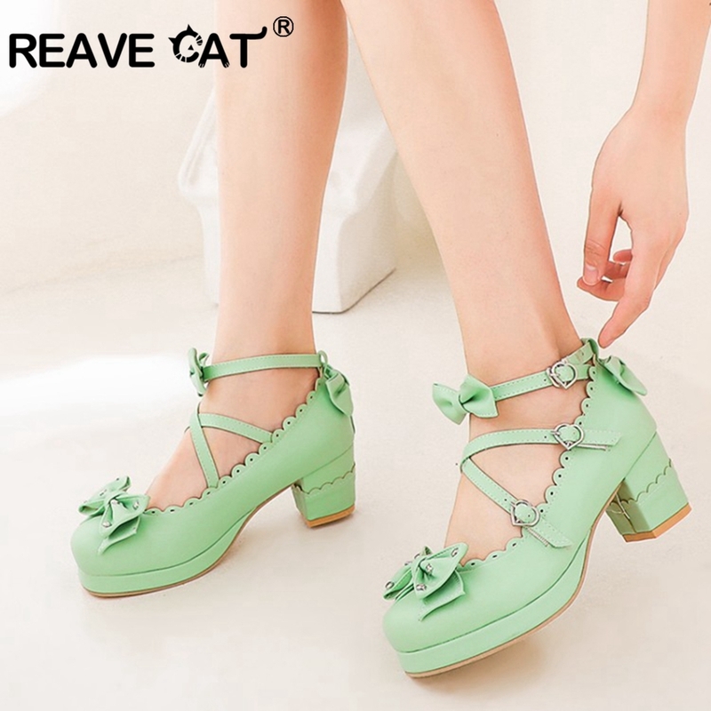 

REAVE CAT Women Mary Janes Pumps Cute Bowtie Princess Lolita Shoes Ladies Square High Heel Princess wedding Cosplay Big size 48 220402, Pink