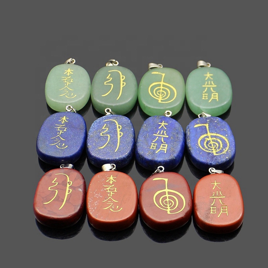 

Natural Crystal Stone Reiki Healing Pendant Handmade Engrave Four Element Cho Ku Rei Symbol Energy Stone Necklace Rose Quartz Green Aventurine Red Agate Jewelry