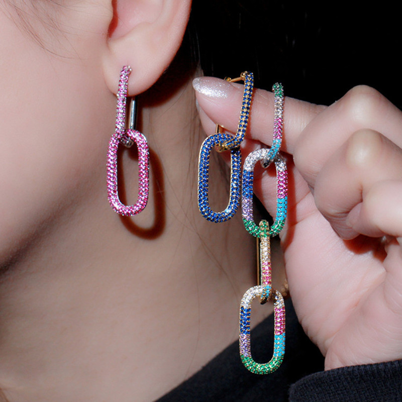 

Hoop vintage earrings 18k gold double loop AAA Cubic Zirconia Copper Rose Blue Green White CZ Silver Earring Jewelry Valentines Day For Woman Luxurious Party Gift