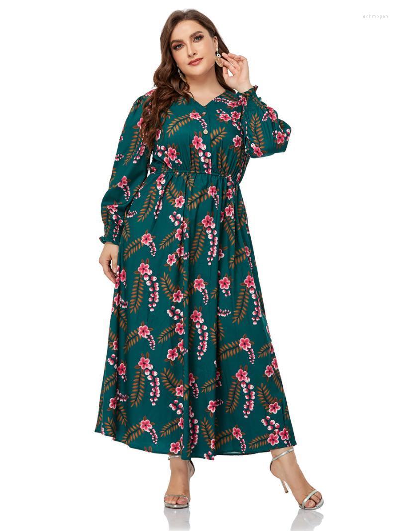 

Plus Size Dresses 2022 Summer Long Sleeve Dress Women Buttons V Neck Floral Print High Waist Casual Green Clothing Echm22