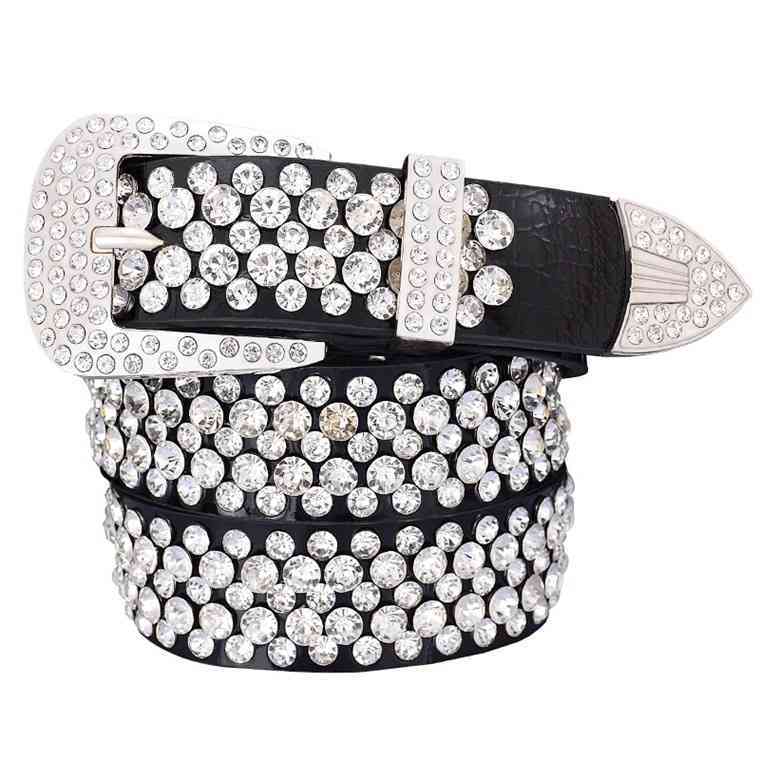 

New belt women's leather inlaid with drill pin buckle cow diamond, Black