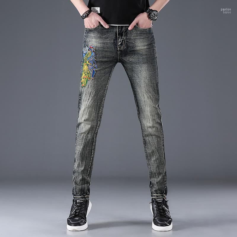 

Men's Straight Leg Jeans Stretch Embroidered Chinese Style Trousers Ethnic Embroidery Auspici, Dark grey