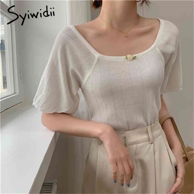 

Knitted Tie Flowers Blouses Women Puff Sleeve Half Top Square Collar Solid Clothes Summer Korean Shirts 210607, Purple