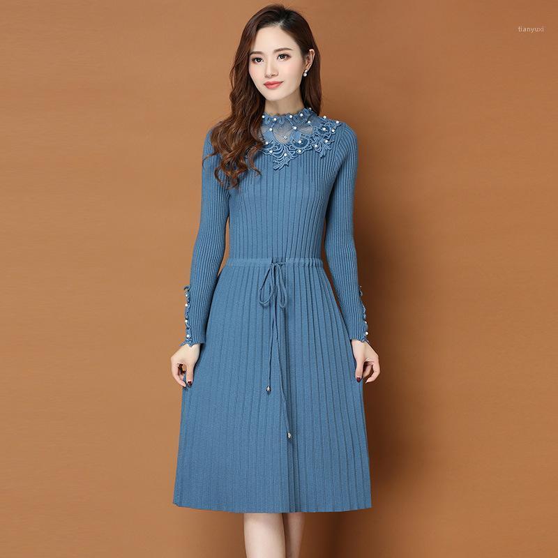 

Casual Dresses Knit Dress Spring And Autumn Korean Version Of The Half-high Collar Long-sleeved Beaded Long Sweater Women' Clothing, Beige