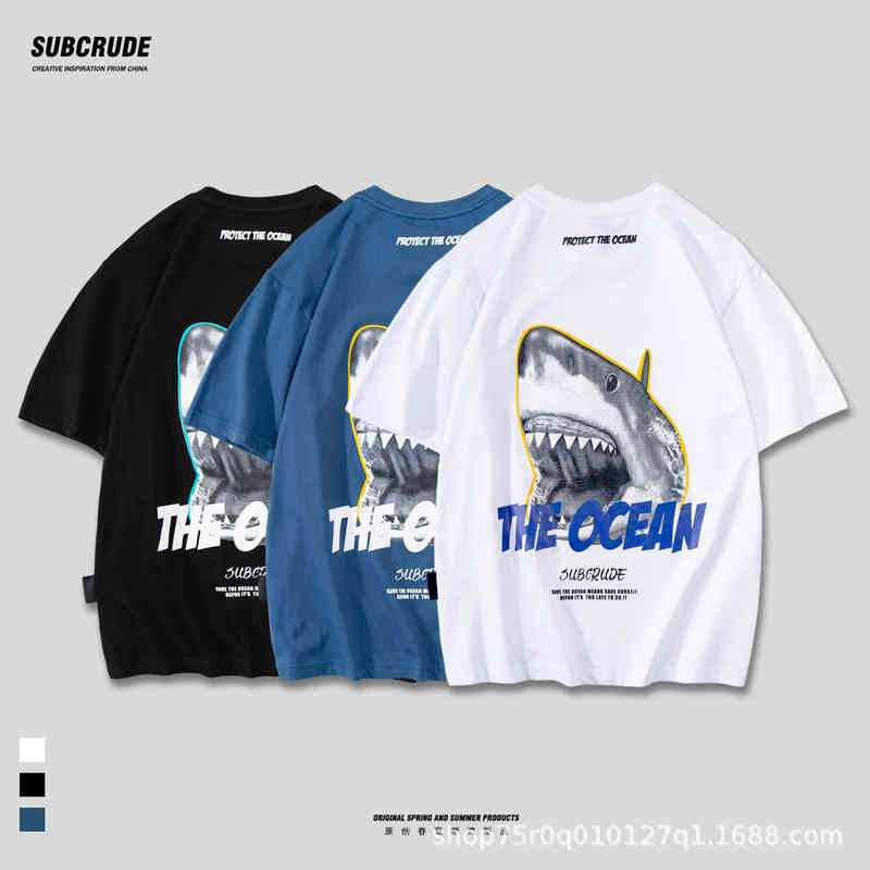 

Short sleeve t-shirt men's ins fashion brand summer high-grade ice feeling thin shark cotton design sensible clothes, White