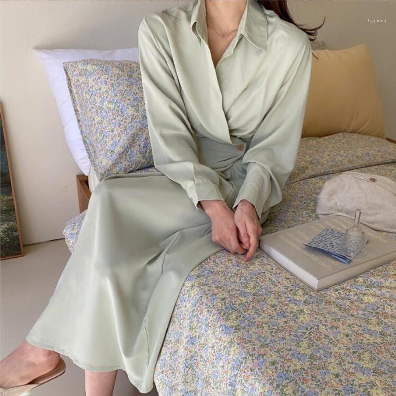 

Casual Dresses ZAWFL Autumn Shirt Womens 2022 Women' Chic Bat Sleeve High Waist Single Breasted Lace Up Long Dress, Picture color2