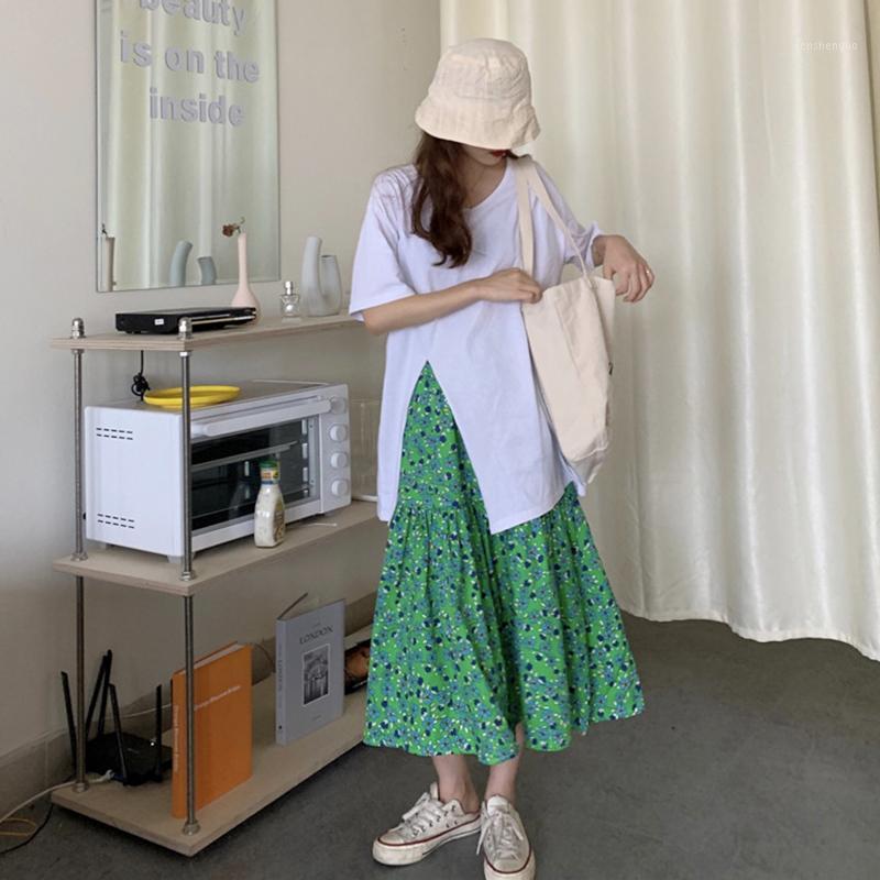 

Green Floral Skirt Women's Summer 2022 High Waist A-line Swing Shows Thin Cover Crotch Medium Length Skirts, White t