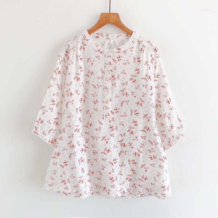 

Women's Blouses & Shirts Summer Japanese Cotton Yarn Blouse Retro Sense Red Small Floral Print Temperament Stand-Up Collar Shirt Female Midd, White