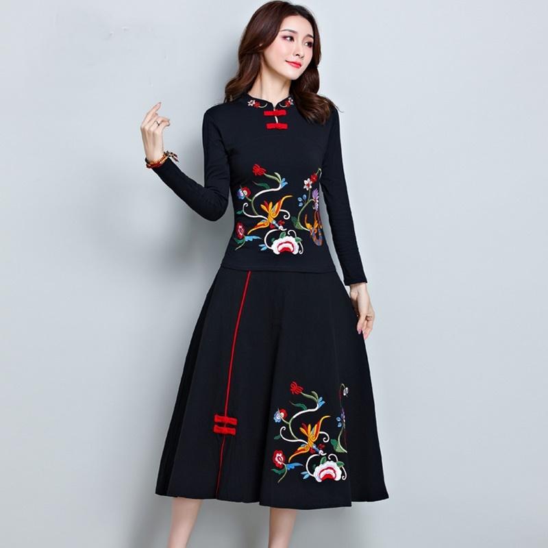 

Ethnic Clothing Chinese Style Vintage Outfits For Women Embroidery Cheongsam Shanghai Tang Clothes Womens Two Piece Sets 2022 Skirt Set TA14