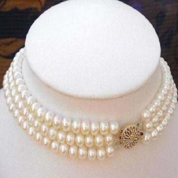 

3Rows 7-8MM Natural White Akoya Cultured Pearl Choker Necklace 18"