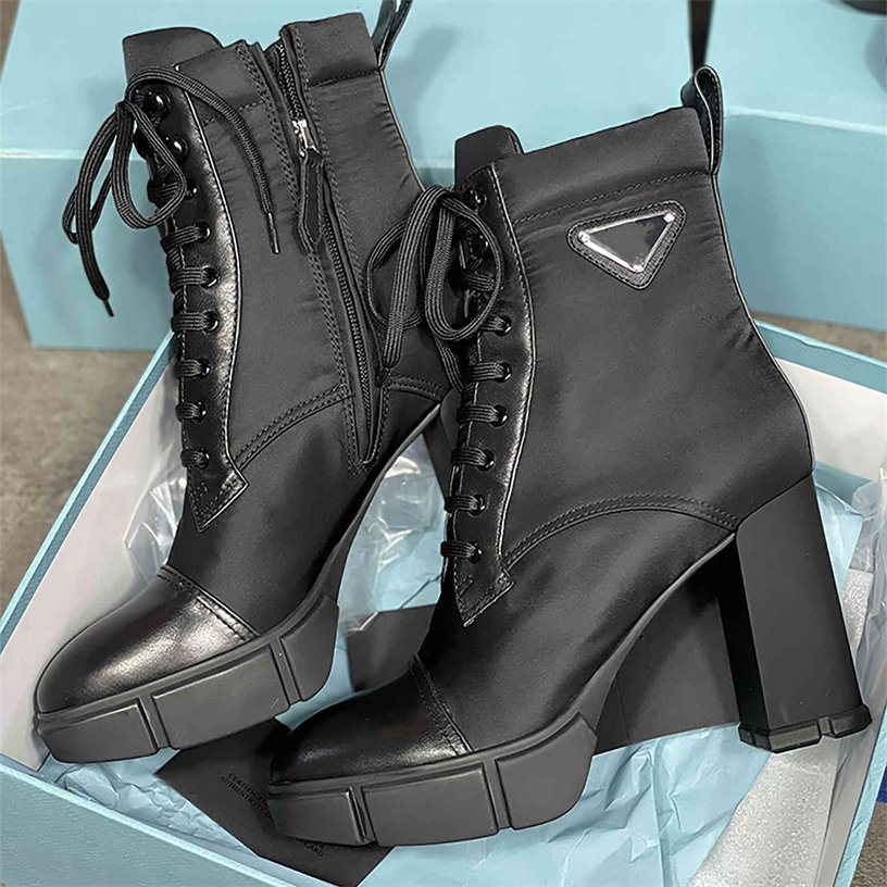 2022 Designer Plaque Boots Lace Up Ankle Boot 9.5cm Women Black Leather Combat Boots High Heel Winter Boot Top Quality