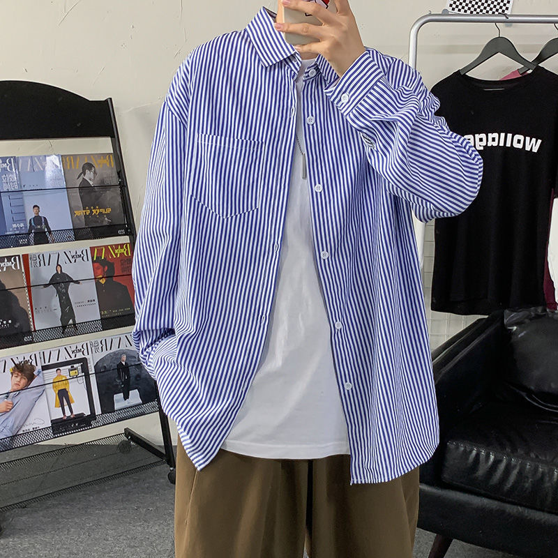 

EBAIHUI Men' Long-sleeved Shirt Blue and White Striped Lapel Loose Shirts Coat Color Matching Blouse Street Casual Cardigan, Blue plaid