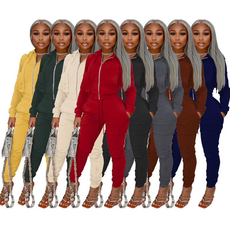 

Women's Two Piece Pants Set Women Tracksuit Spring Autumn Clothing Zipper Full Sleeve Hoodies Top And Long Solid Color Casual Outfits, Gray