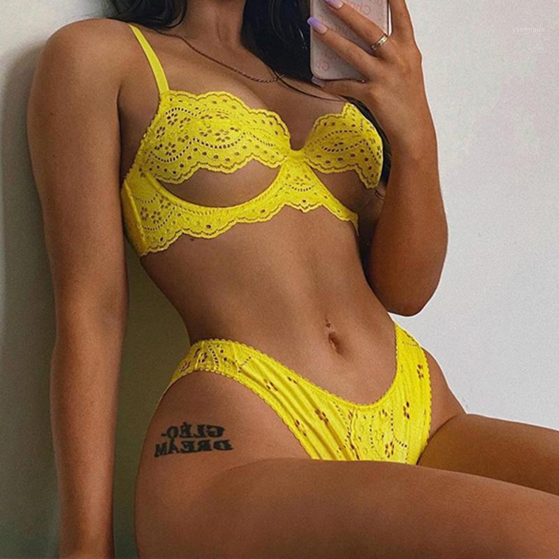 

Bras Sets Lady Sexy Hollow Out Lace 2 Piece Lingerie Set Women Underwear Babydoll Sleepwear Bra+Panties Thong Fashion Bikini Nightwear, As pic