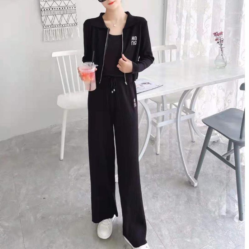 

Women's Two Piece Pants Autumn And Winter Embroidery Lapel Zipper Fashion Cardigan Top Lace Up Elastic Waist Wide Leg Knitted Two-Piece Se, Black