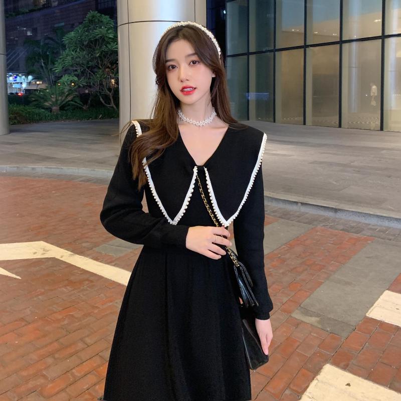 

Casual Dresses Make Firm Offers ~ Soft Pearl Collar Knitting Dress Female With Coat Skirt Teamed Temperament, Black;gray