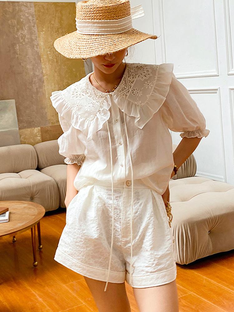 

Women' Blouses & Shirts Gypsylady Beige Elegant Chic Shirt Lace Embroidery Summer Women Blouse Ruffles Sheer Sexy Office Ladies TopWomen