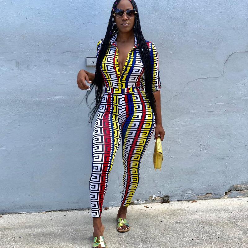 

Women' Two Piece Pants Zaggin 2022 Autumn Women Striped Printing 2-Piece Casual Single Breasted Notched Half Sleeve Shirts Long Skinny Sets, Yellow