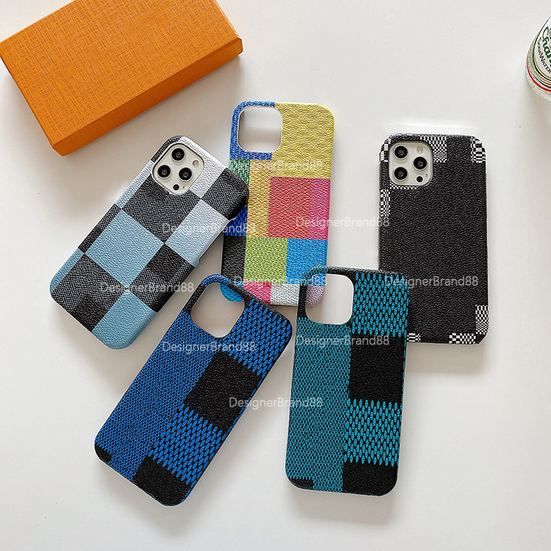 

Cell Phone Cases Designer LOGO Relief WITH BOX For Iphone 13 12 11 Pro Max Mini Xr Xs Xsmax 7 8 Plus SE Colorful Grid Print Flower Luxury Leather Cellphone Shell Case