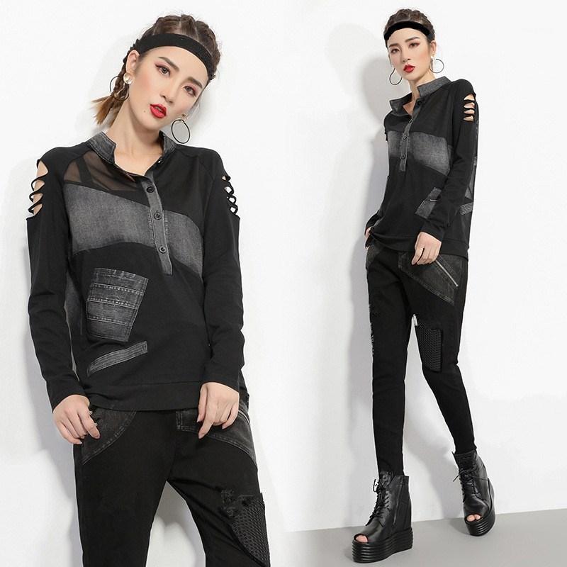 

Women's Blouses & Shirts Spring Women Harajuku Punk Blouse Mesh Patchwork Hollow Out Casual Top Spliced Black Long Sleeve