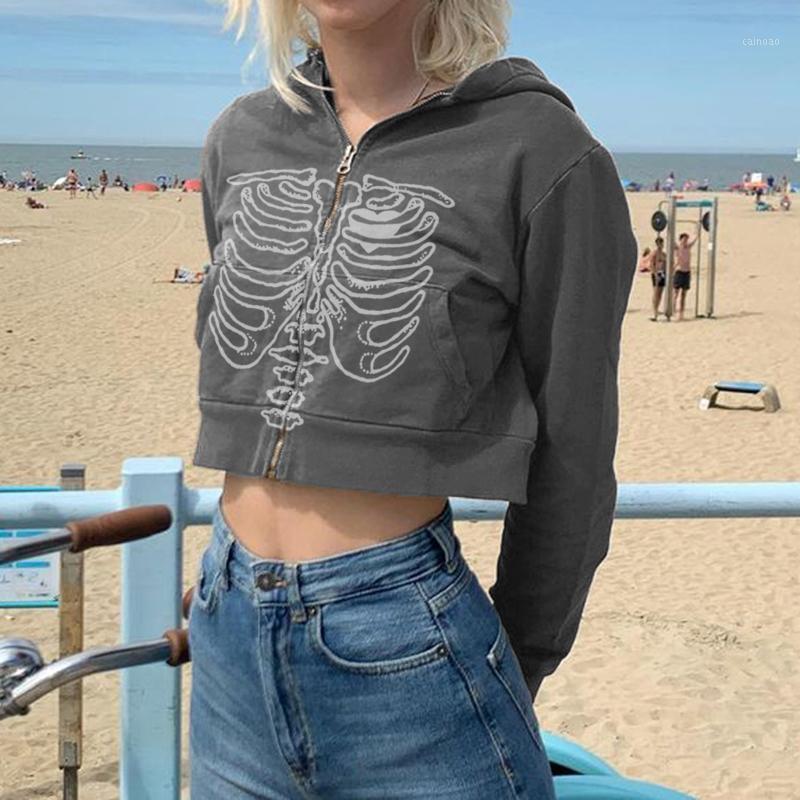 

Women' Jackets Women Zipper Open Front Jacket Skull Printed Pattern Long Sleeve Hooded Crop Tops Overized Hoodies Y2K Gothic Clothes