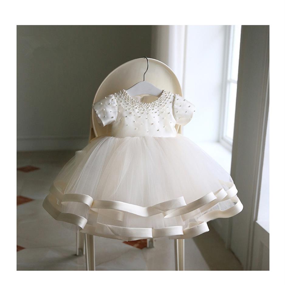 

Beaded Baby Girl Dresses Newborn 1st Birthday Dress Layered Tulle Bow Little Girl Party Dress Infant Baptism Christening Gown302J, Ivory