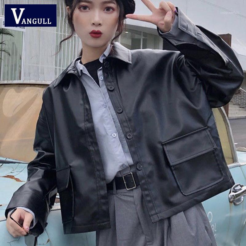 

Vangull Big Black Pocket Patched PU Leather Jacket 2022 Fashion Long Sleeve Cropped Women Streetwear Short Overcoat