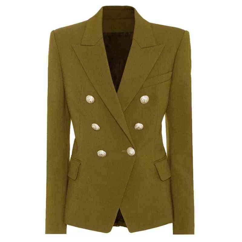 

Army Green Women Blazer Autumn Winter 2021 New Jacket Classic Office Ladies Double Breasted Silver Button Blazers Mujer J220813, The photo