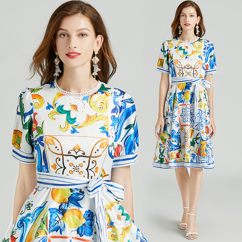 

Paris Fashion Summer Floral Prom Dress Short Sleeve Woman Designer Paisley Print Casual Party Big Swing Dresses 2022 Woman Clothes Runway Slim Bow Lace Up Midi Frock