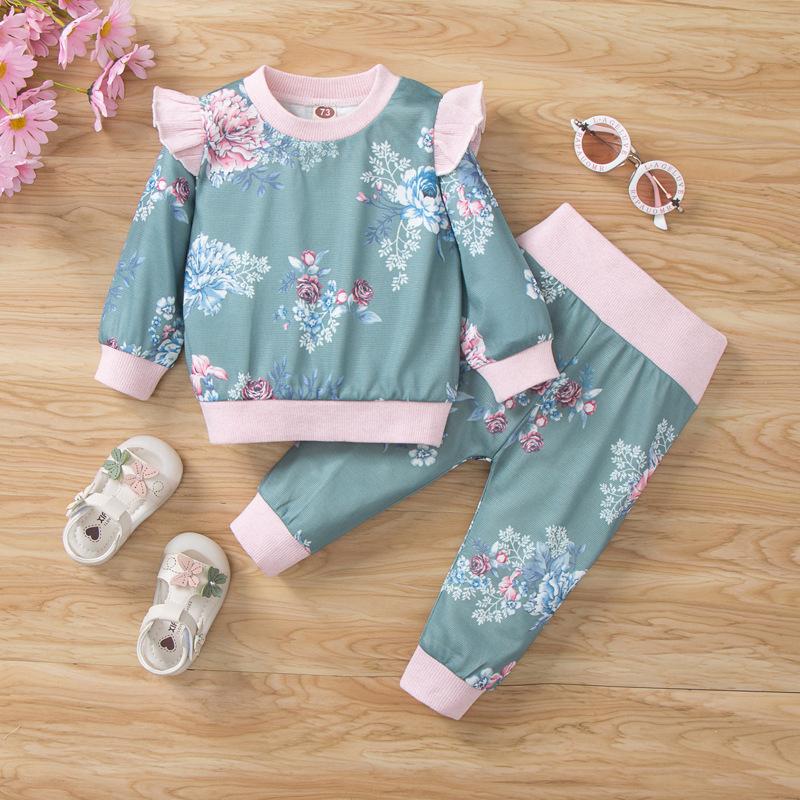 

Clothing Sets 2-Pieces Baby Girl Clothes Green Long Sleeve Outfits For Girls Chic Floral Print Spring Infant Babies Set ABUDDY