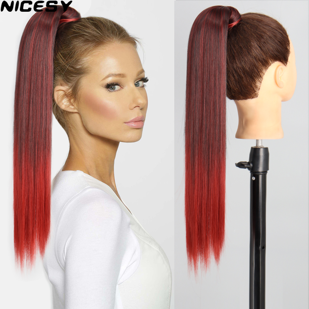 Costume Accessories Long Straight Ponytail Wrap Around Clip in Synthetic Hair Extensions Wine Red Blonde Natural Mixed Ombre Color New Hairp-image-773026398