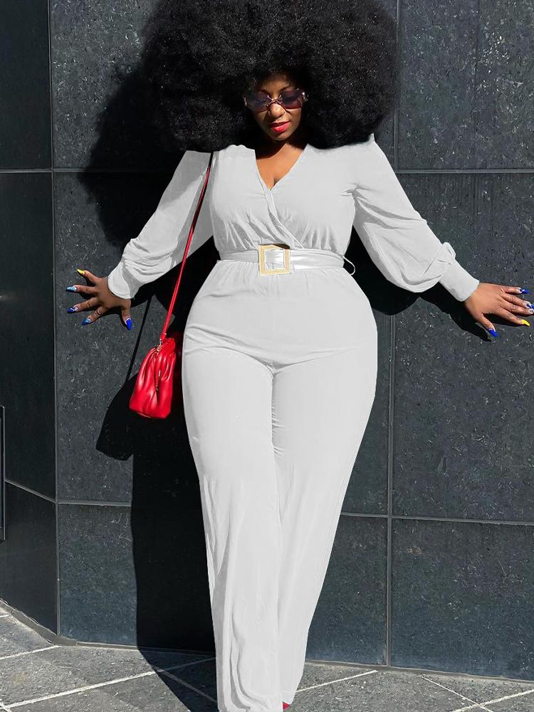 

Women's Plus Size Pants ZZ Jumpsuit Women's Clothing 2022 Spring Autumn Deep V Neck Lantern Sleeve Straight Wide Leg Business BodysuitWo, Black