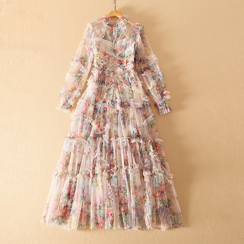 2022 Summer Fall Long Sleeve Round Neck Black Tulle Floral Print Panelled Long Maxi Dress Elegant Casual Dresses 22Q192315 Plus Size XXXL