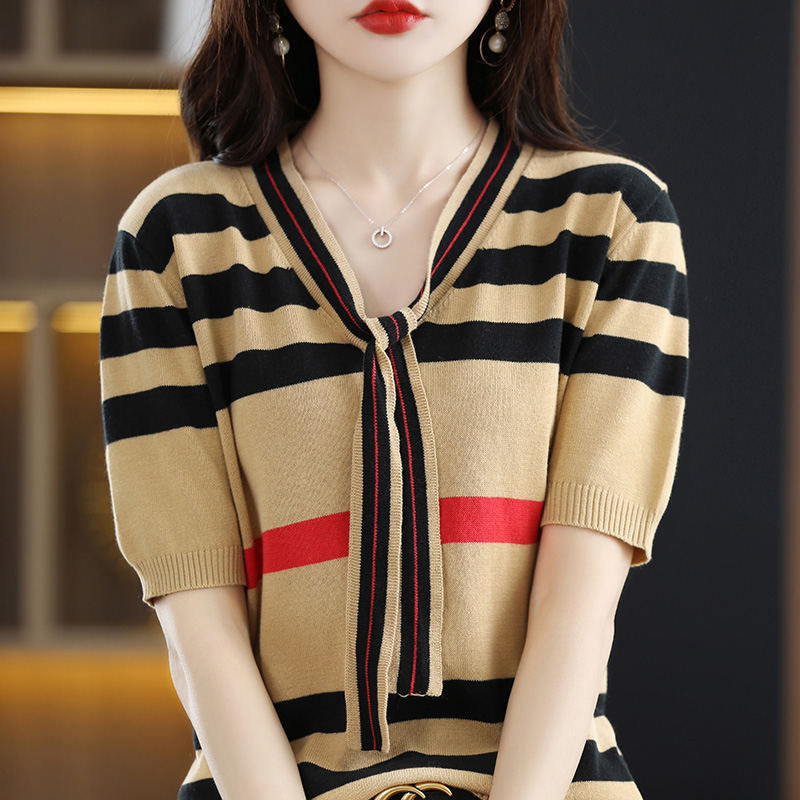 

Pure cotton t-shirt ladies striped knitted pullover summer new short-sleeved fashion loose half-sleeved thin bottoming, Khaki