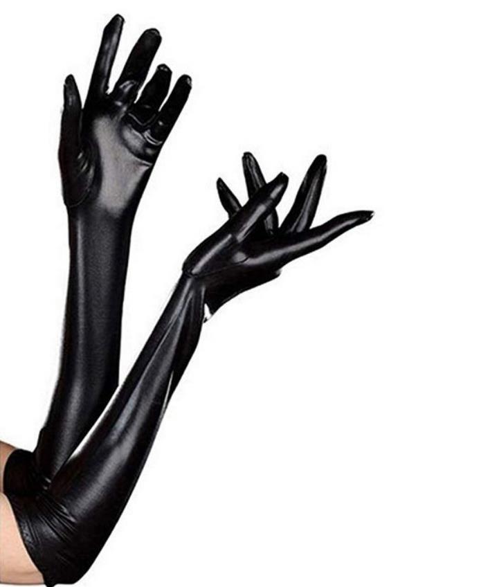 

Evening Party Long Gloves - Faux Leather Opera Mittens for Women: Metallic Shiny Black/Gold/Silver Costume Accessories (20.5in)