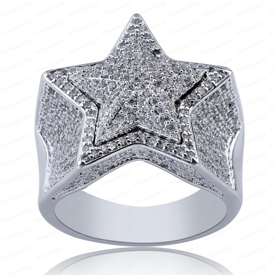 

New Designer Luxury 18K Gold White CZ Zirconia Pentagram Ring 2020 Full Diamond Iced Out Hip Hop Jewelry Gifts for Men & Women Rin257Y