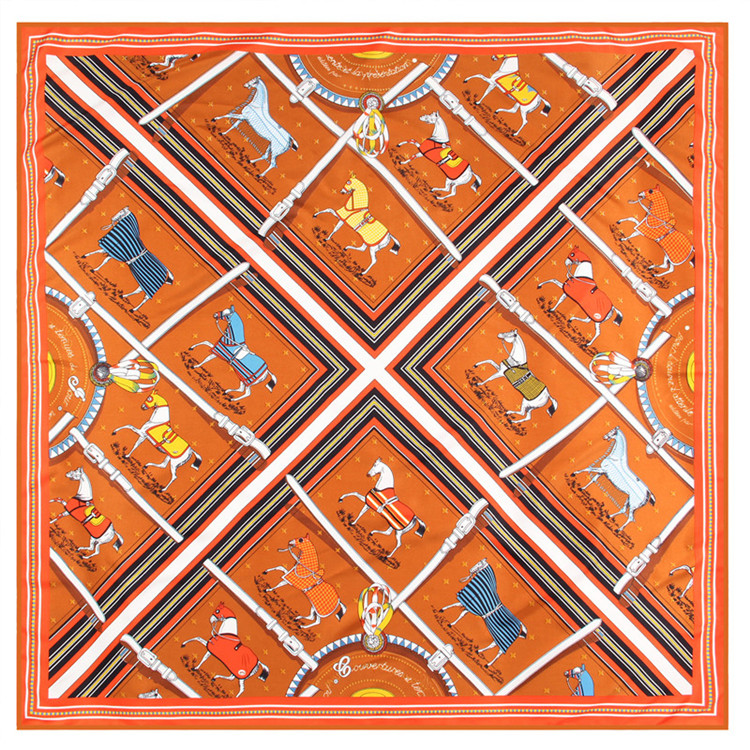 Autumn and winter roll twill silk scarf ladies plaid horse print fashion square scarf sun protection shawl 90-90