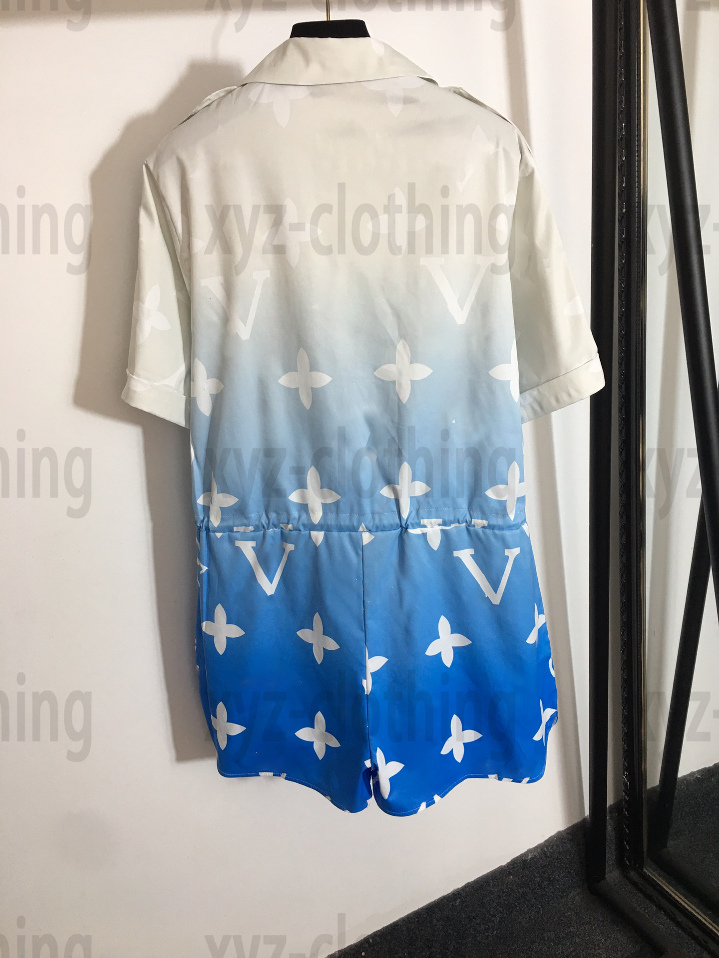 

2022 Jumpsuit girls fashion summer dress womens shorts brand deisgner Jumpsuits for ladies New Gradient Logo Print Drawstring Waist Zip Lapel Short Sleeve Jumpsuit, 1#