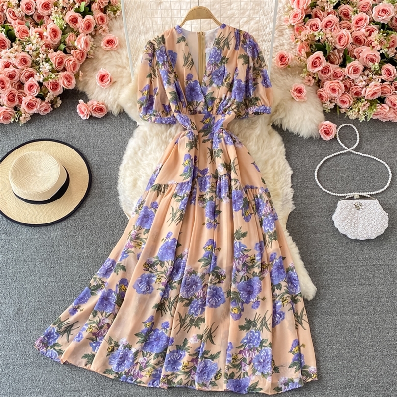 

Aibeautyer Summer Casual Floral Print Mid-Calf Lady Short Dress A Line V Neck Puff Sleeve Chiffon Pullover Woemn Dresses 220516, Green