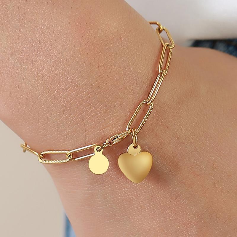 

Link Chain Golden Paperclip Bracelet Womens Stainless Steel Rectangle Girlfriend Mom Gift Heart PendantLink