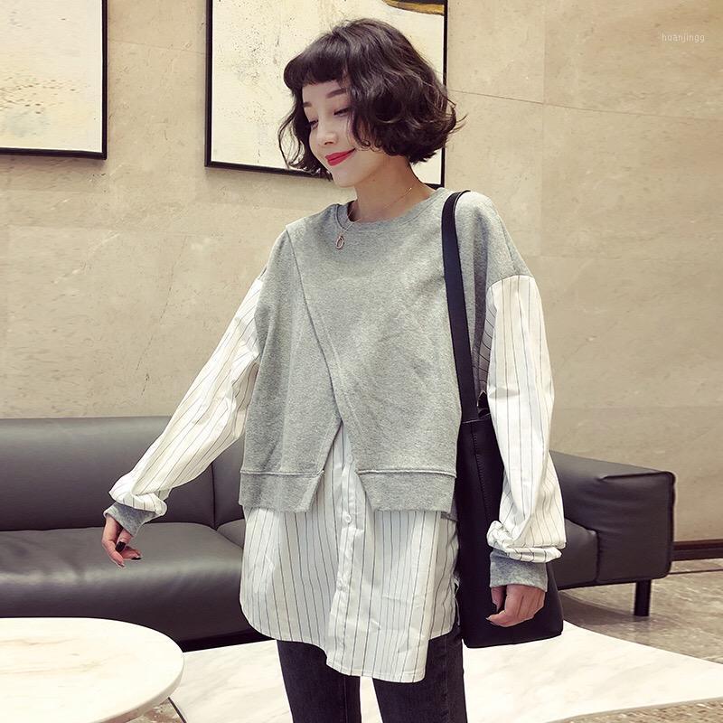 

Arrivals Autumn Blouse Shirt O-neck Retro Striped Patchwork Fake 2 Pieces Blusas Casual Lady Pullovers Tunic Loose Tops Women's Blouses & Sh, Black
